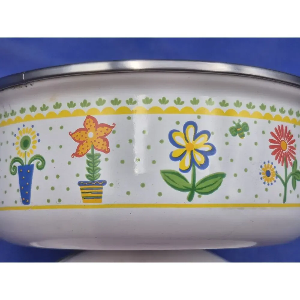 Vintage 1970s Floral Enamel Nesting Bowls Silver Rim Set of Two 6.5
